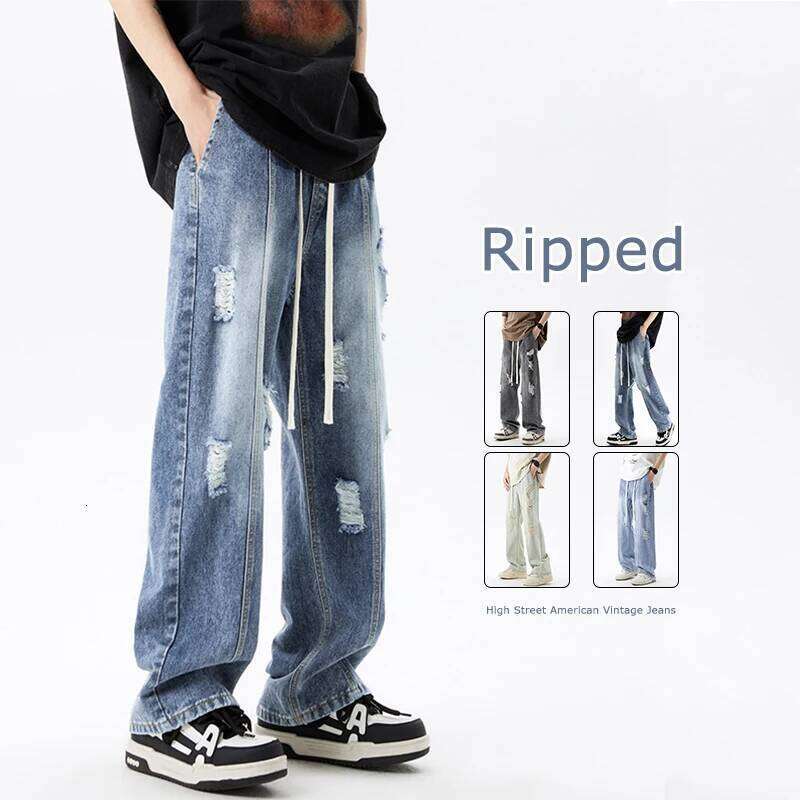 Harajuku Ripped Jeans Men's Streetwear Loose Straight Vintage Y2k Pants Drawstring Casual Hole Personality Denim Trousers Z260225