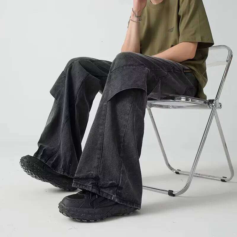 2024 Cyber Y2K Streetwear Old Blue Baggy Flare Jeans For Men 90S Vintage Clothes Harajuku Fashion Cotton Long Trousers Z260225
