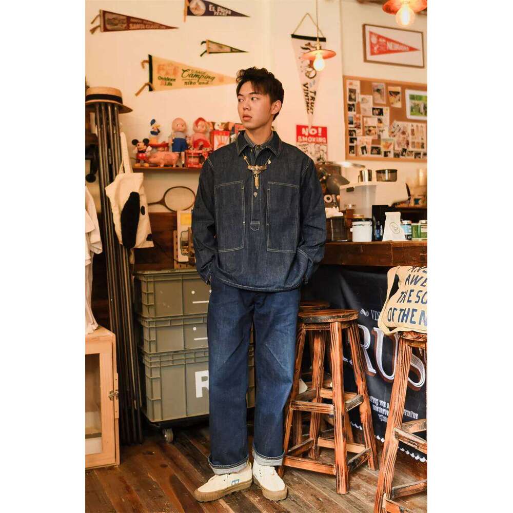 1920s Vintage US Army Spring Summer Blue Denim Work Uniforms Loose Pullover Shirt Jacket 26H0311