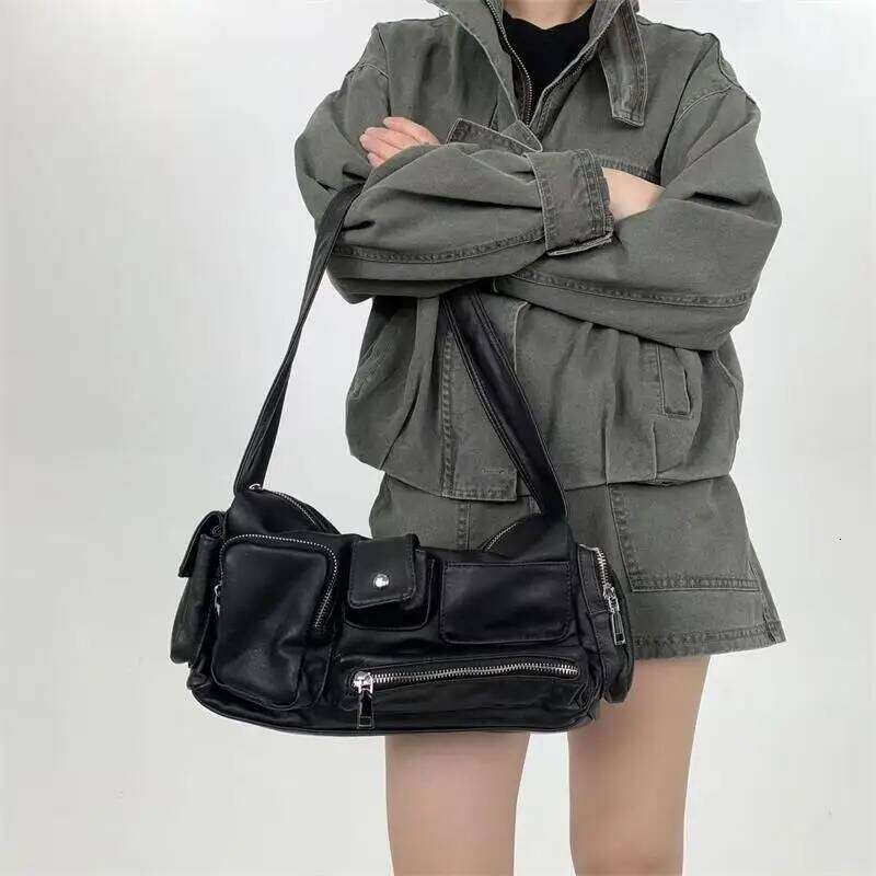 Women Y2k Leather With Wide Shoulder Strap Zipper Handbag Creative Multi Pocket Design Underarm Motorcycle Bag XJ260311