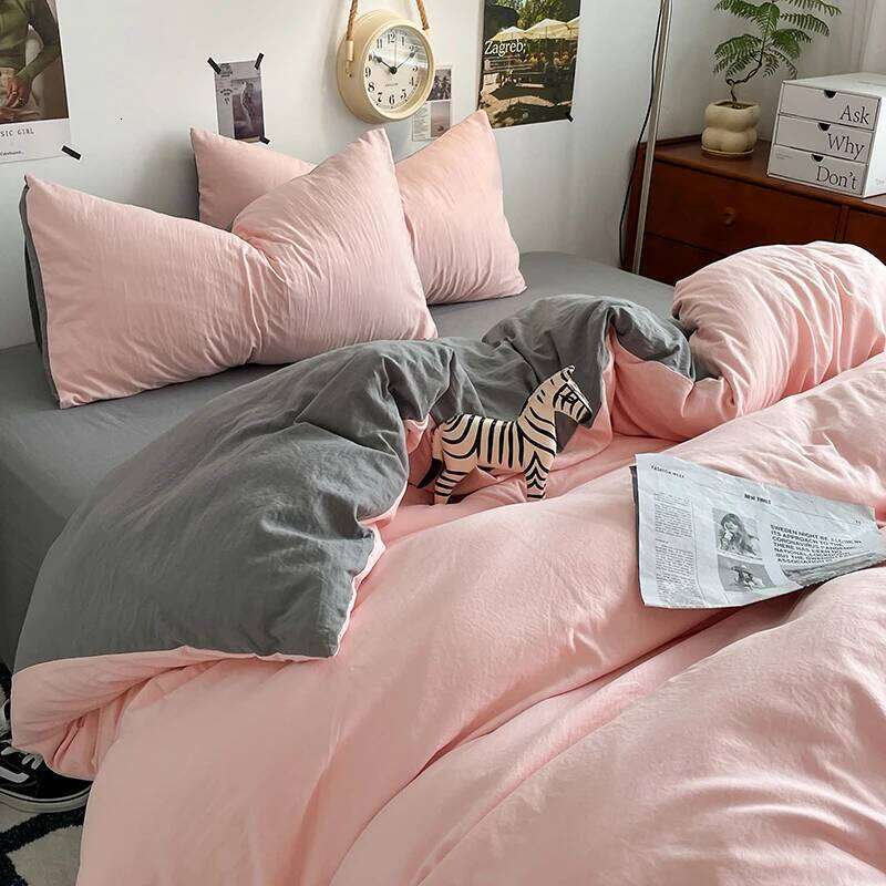Simple Pink Grey Duvet Fashion Solid Color Bedding Set 3pcs Polyester Comforter Bedroom Quilt Cover 2 Pillowcases H260311 - view 5