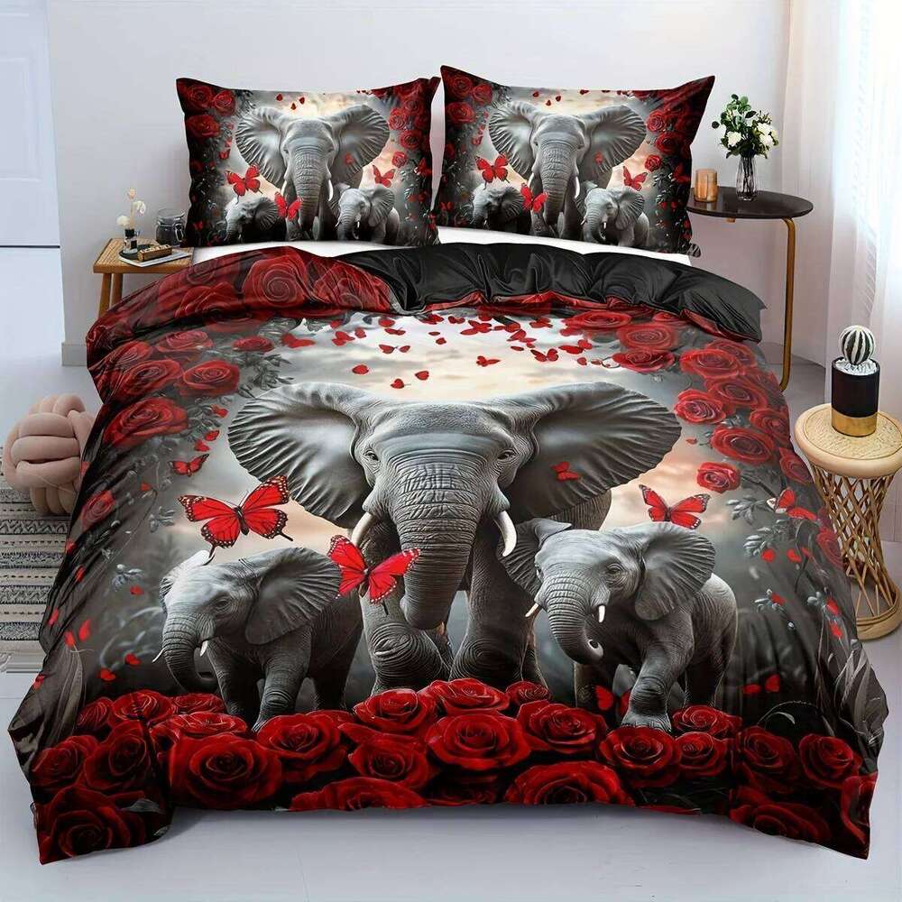 2/3pcs Elephant Bedding Red Rose Duvet Set Butterfly Quilt Cover Bedroom Decor Guest Room 2D Animal Flat Print H260311