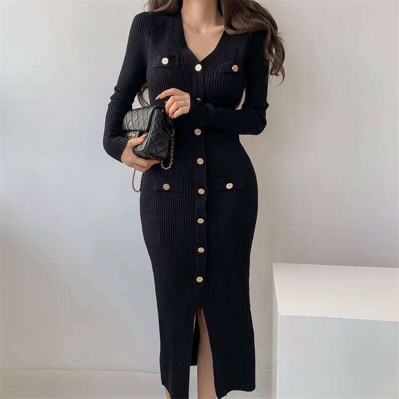 New Autumn Winter French V Neck Sleeve Single Breasted Slim Design Knitted Split Sweater Long Dress Z260311