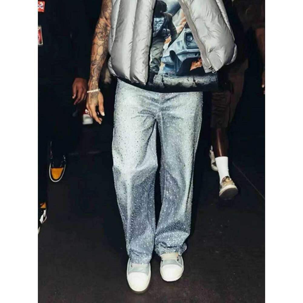 MIJKO Diamonds Denim Straight Jeans Men Women Belts Zipper Wide Leg Fashion Street Trousers 2025 Party Washed Pants ZJ074 Z260225