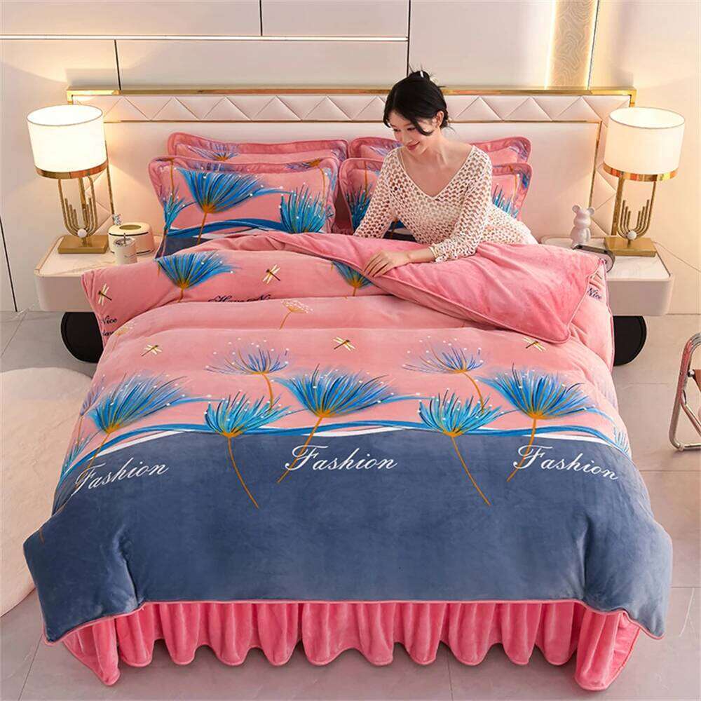 Class A Thickened Bedding Milk Fleece Winter Warm Anti-static Duvet Cover Bed Sheet Home King Queen Soft Four-Piece Set H260311