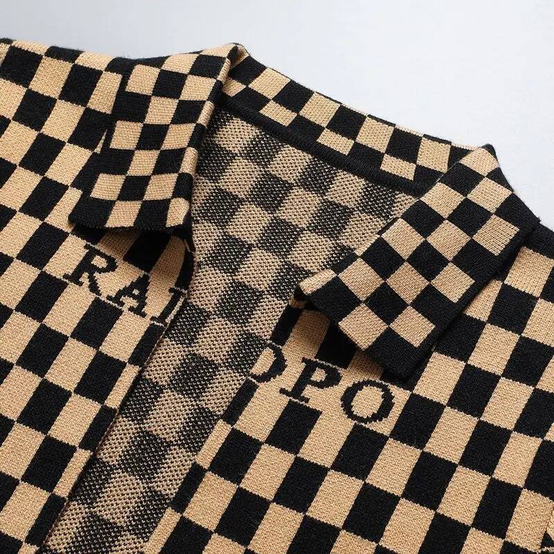 Smart English Elements Plaid Panelled Turn-down Collar New Men Coat Fashion Casual Knit Loose Pockets Cardigan Jacket