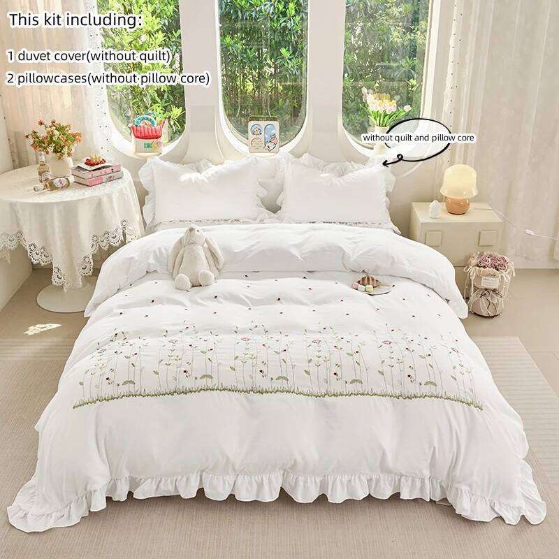 3pcs flowers embroidery Bedding set ruffles Duvet Set 1*Duvet Cover + 2*Pillowcase, Without Corefor bedroom guest room H260311