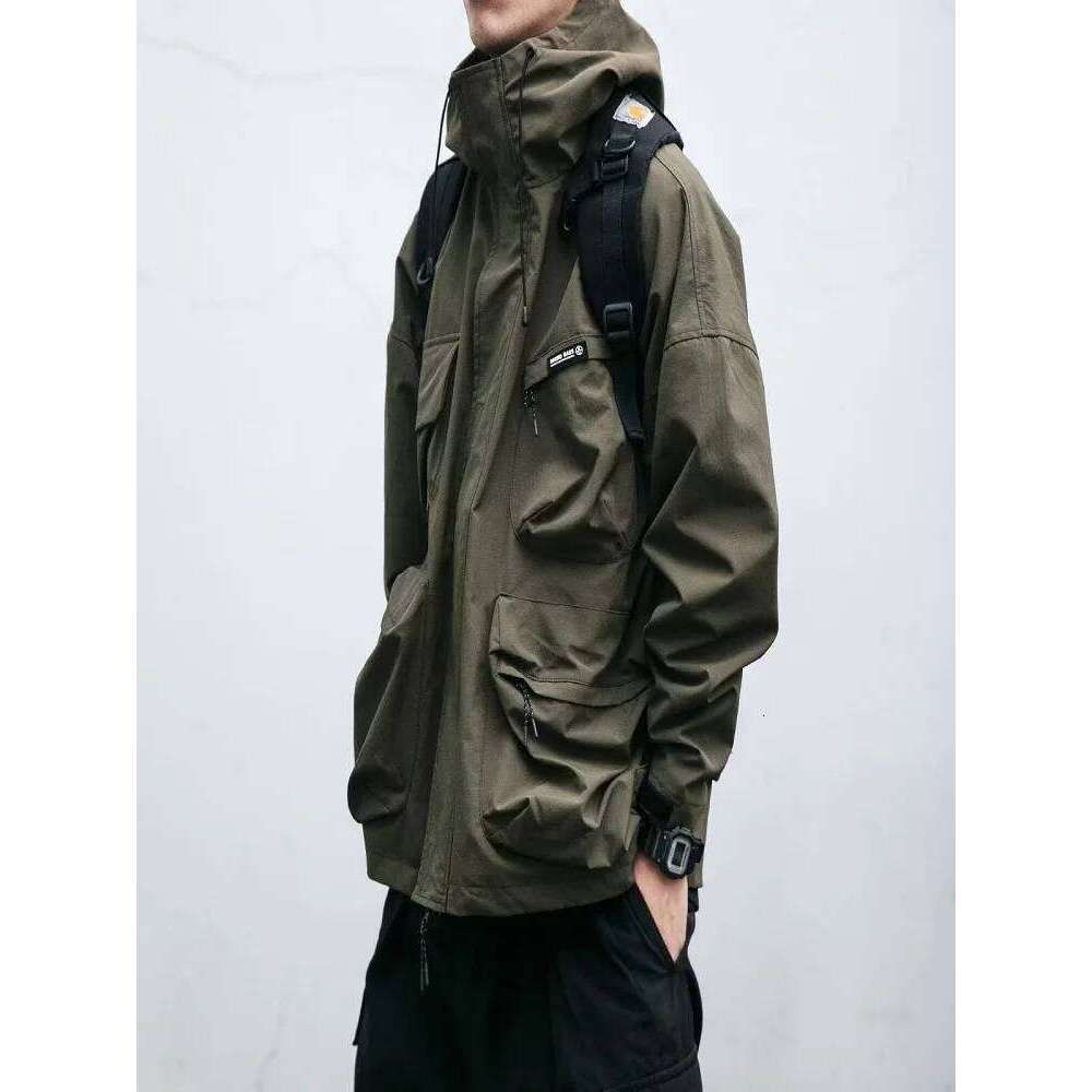 Mountaineering outfit with multiple pockets, street mountain windproof hooded jacket, retro men's wear, casual work pants 26H0311