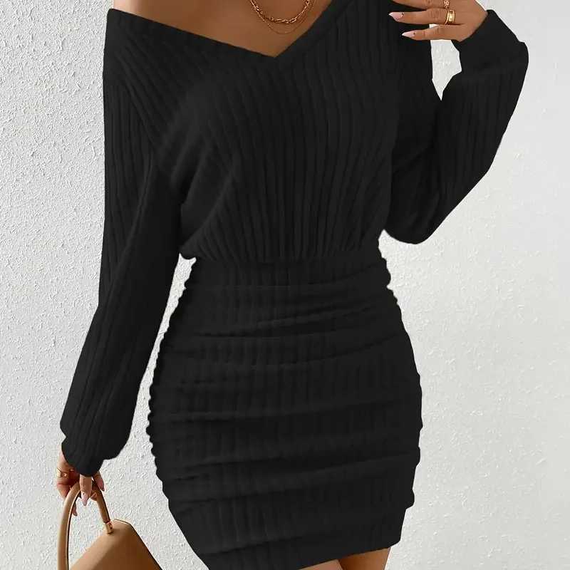 Womens 2025 Fall Winter Ribbed Knit Sweater Dress Casual Long Sleeve Sexy V Neck Bodycon Mini Dress M260311