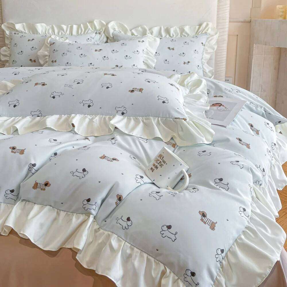 Princess Style Bedding Lace Bed Skirt Small Floral Print Soft Cotton Fabric Four Piece Set Skin Friendly Nude Sleeping Sheet H260311