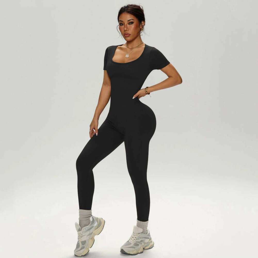 Women Seamless Jumpsuit Highly Elastic Thick Ribbed Bodycon One Piece Square Neck Leggings Romper Yoga Workout Set 26H0311