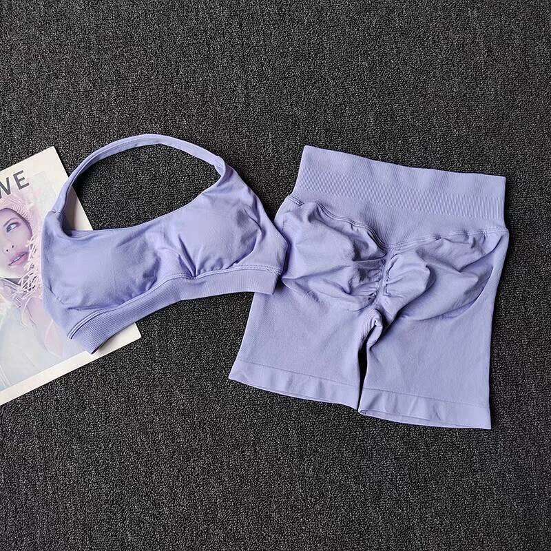 2 Pieces Yoga Suit for Women Seamless Fitness Clothes Halter Sports Bra Matching Impact Shorts Workout Sets Gym Set Outfit 26H0311