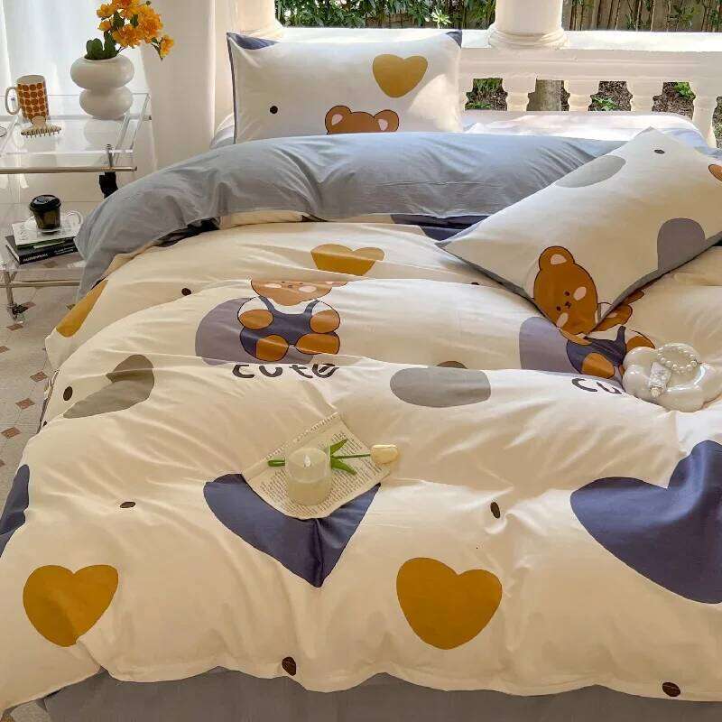 Kawaii Bear Printed Floral Duvet Cover Pillowcase Bedding Set Cute Dinosaur Bed Linen Sheet Quilt Full Queen King Size H260311