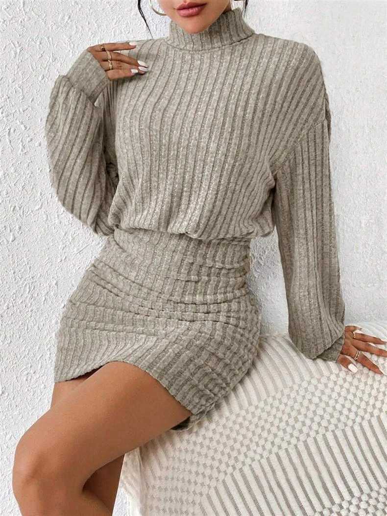 025 Autumn Womens Turtleneck Rib Knit Dress Long Sleeve Bodycon Ruched Mini Dress M260311