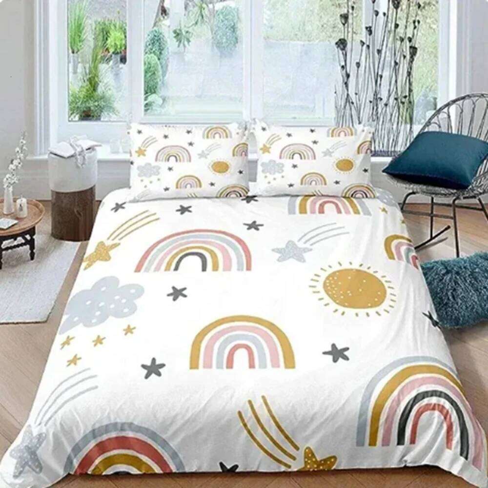Double Set for Girl Pink Yellow Rainbow Star Duvet Cover Women Kids Bedroom Decor H260311
