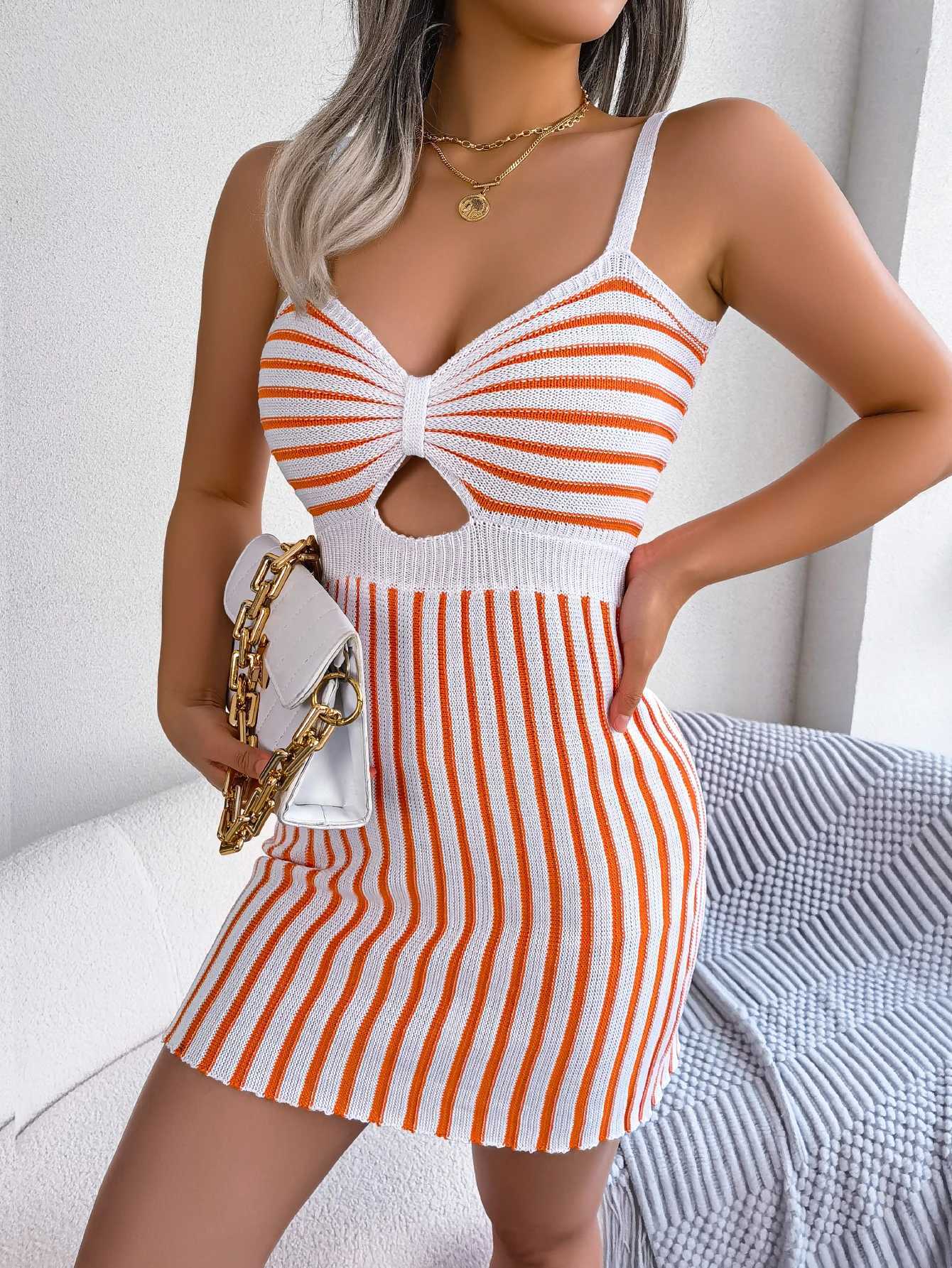 Women Casual Striped Knitted Sleeveless Spaghetti Strap Bodycon Dress for Spring Summer M260311