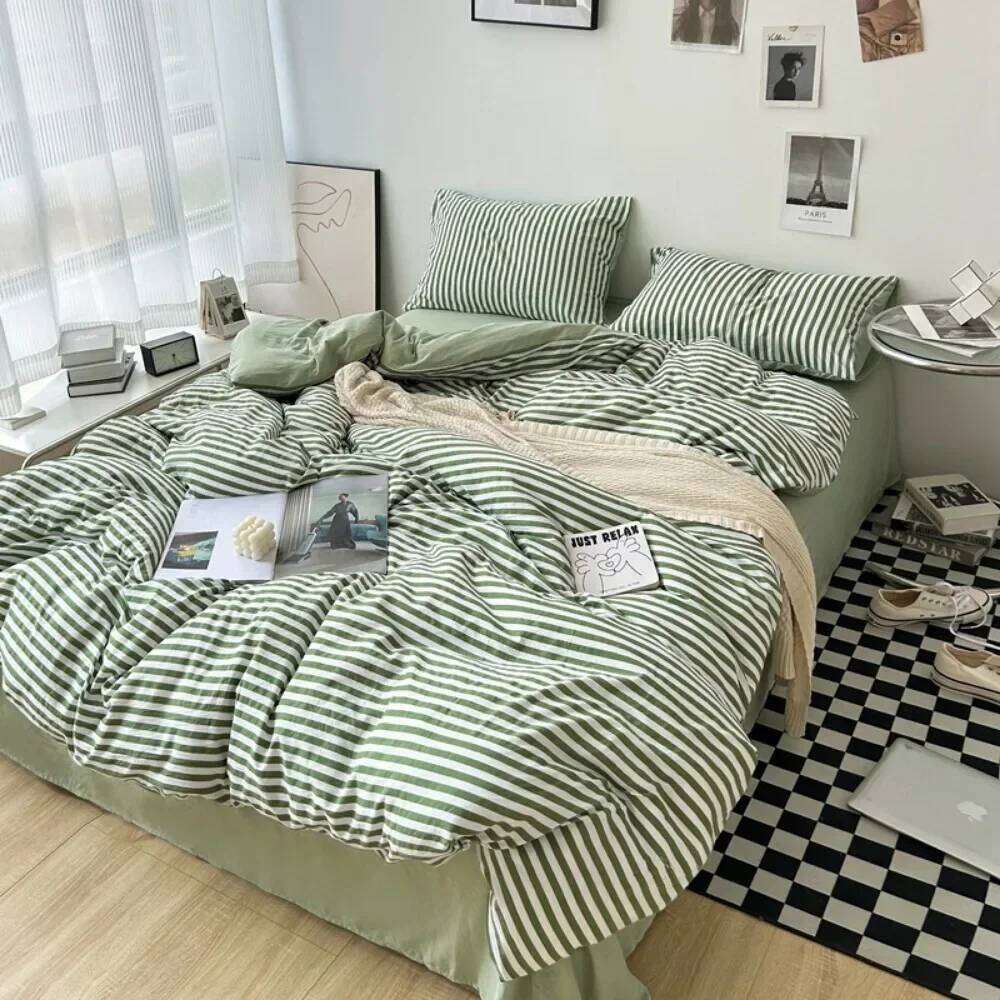 3/4PCS Striped Plaid Duvet Cover with Sheet 2Pillowcases Soft Skin Friendly No Filling Warm Twin Full Queen Size Bedding Set H260311