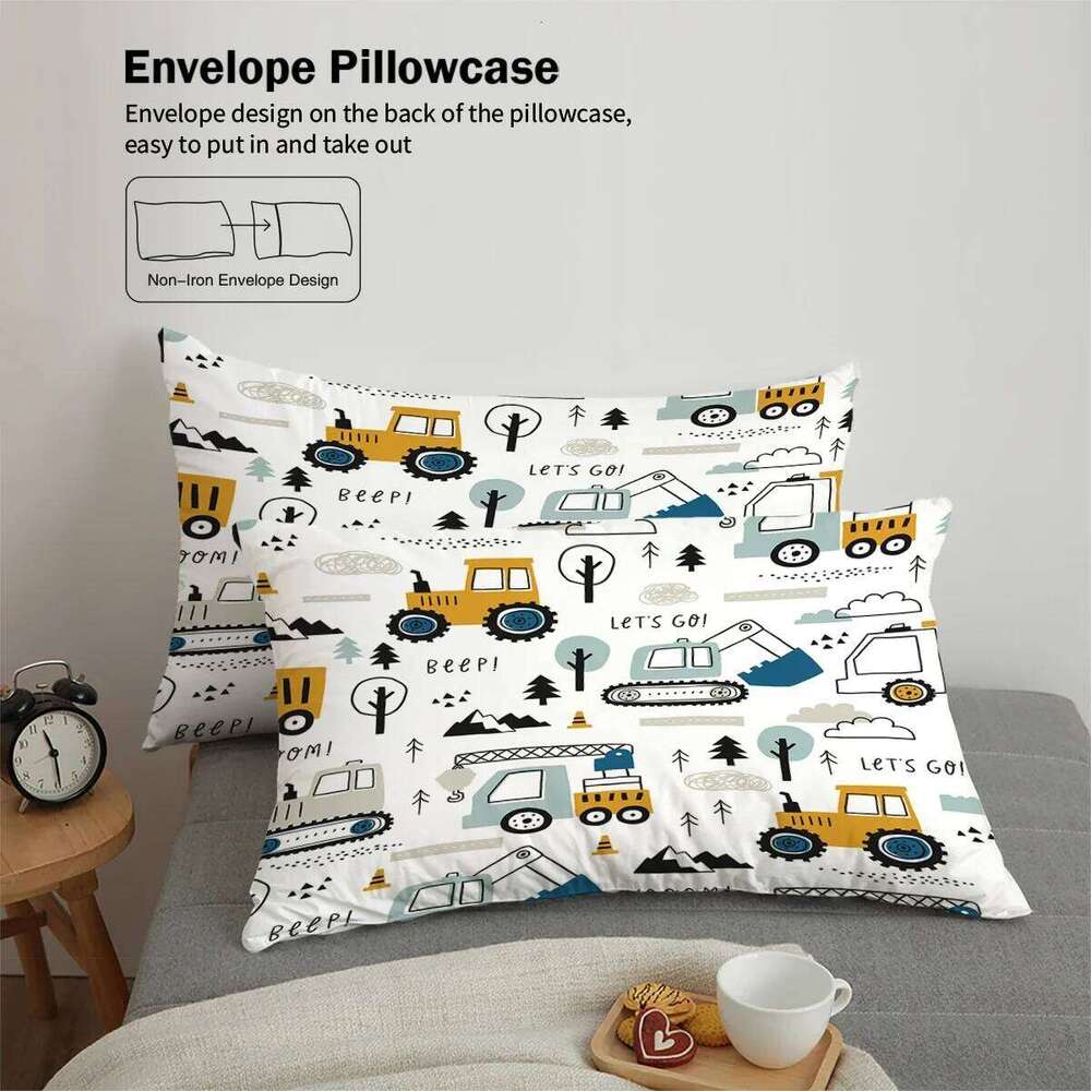 Three-piece set 1 duvet cover + 2 pillowcases, coreless, cartoon engineering vehicle element print bedding set, multiple sizes H260311