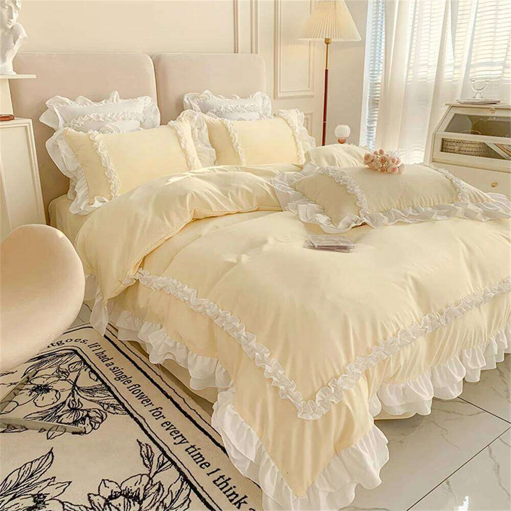 Elegant Lace Bedding Sets Linen Korean Princess Style Washed Cotton Ruffle Duvet Cover Bed Sheet Pillowcases for Girl H260311