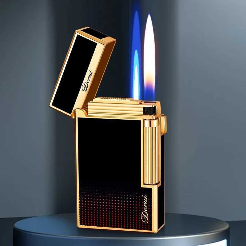 New DERUI Side Sliding Loud Sound Double Fire Lighter Metal Inflatable Mens Light Luxury Gift Double Fire Switch N260311