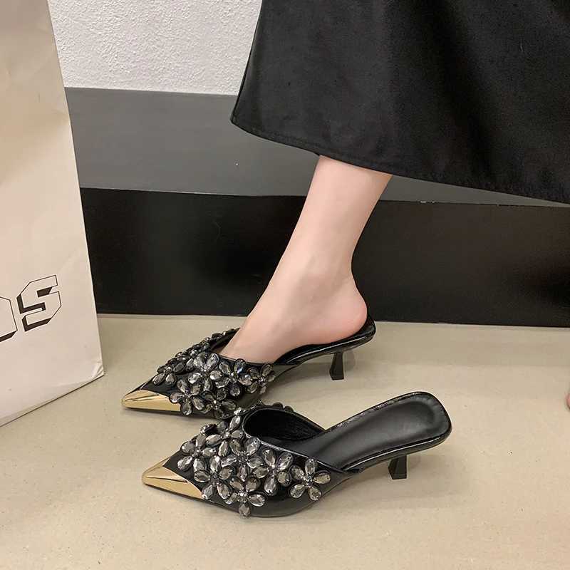Pointed Toe Stiletto High Heel Baotou Half Drag Summer New Rhinestone Flower Fairy Wind Metal Head Cold Outside Wear K260311