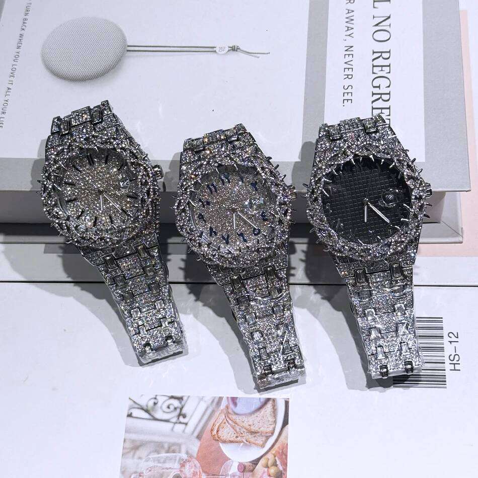 PINTIME Cool Black Watch For Men Luxury Thorn Crown Quartz Watches Fashion Hip Hop Iced Diamond Wristwatch Man Dropshipping