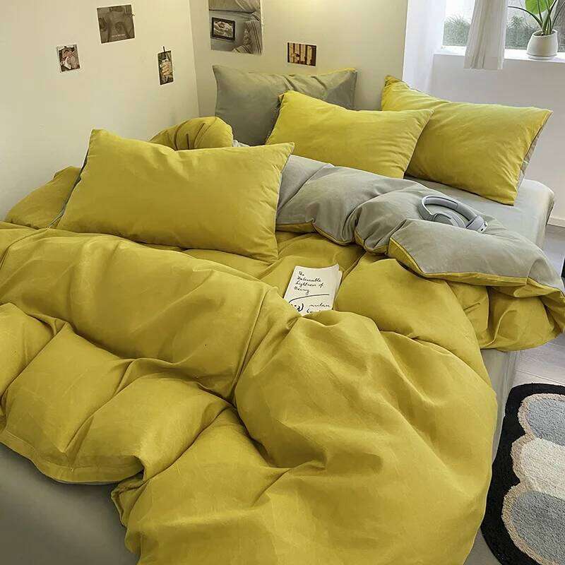 Linen Duvet Cover Solid Color Twill Four-piece Washed Cotton Bed Sheet Student Dormitory Supplies Three-piece Set H260311