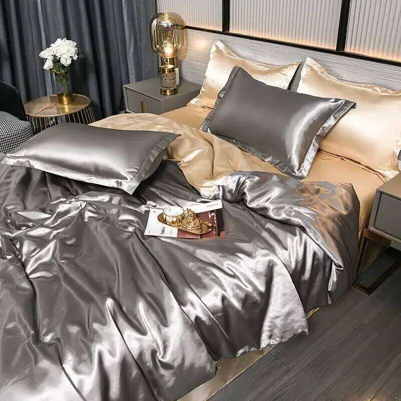 Nordic Satin Silk Bedding Set with Duvet Cover Bed Sheet Pillowcases Solid Single Double Couple Pillow Case Bedsheet H260311 - view 4
