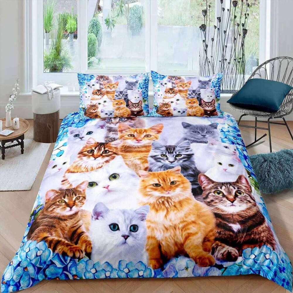 Cute Cat Duvet Boys Girls Adults Animal Printed Bedding Set Theme Comforter Cover Pet Quilt Covers with Pillowcase H260311