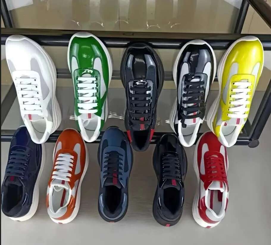 Designer Mens Sneakers Americas Cup Low Patent Leather Lace Up Black Shoes Green Yellow Fashion Round Toe Sport Casual Shoe