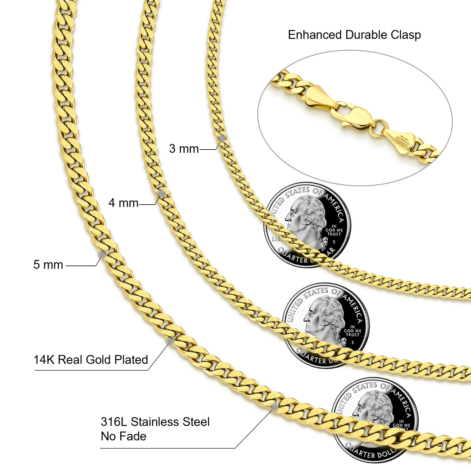 3mm 4mm 5mm 6mm 8mm 14k Gold Plated Stainless Steel Miami Cuban Link Necklace Lobster Clasp Mens Chains 260309