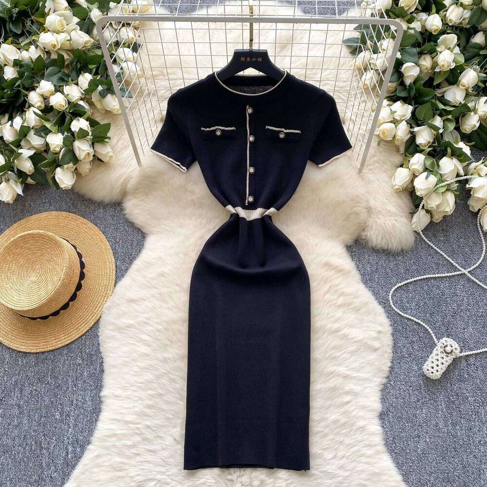New Spring Summer Sexy Short Sleeve Knitted Dress Sheath High Waist Bodycon Skirt Color Block Design Korean Mini Dresses Z260311