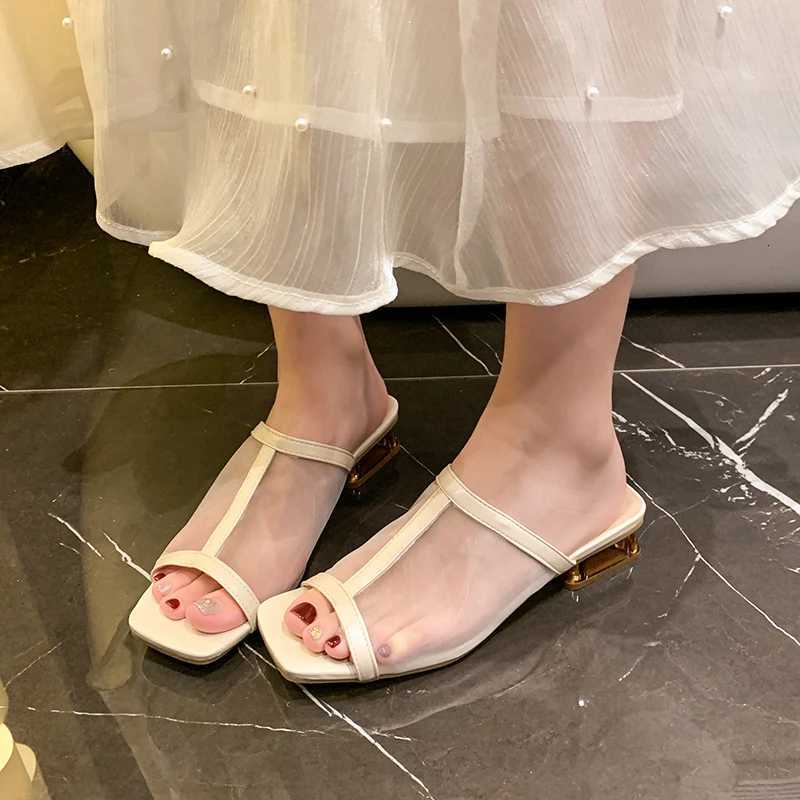 High Heels Women Slippers Square Toe Sandals Summer 2025 New Mesh Slingback Shoes Dress Party Pumps Woman Slides Zapatillas K260311