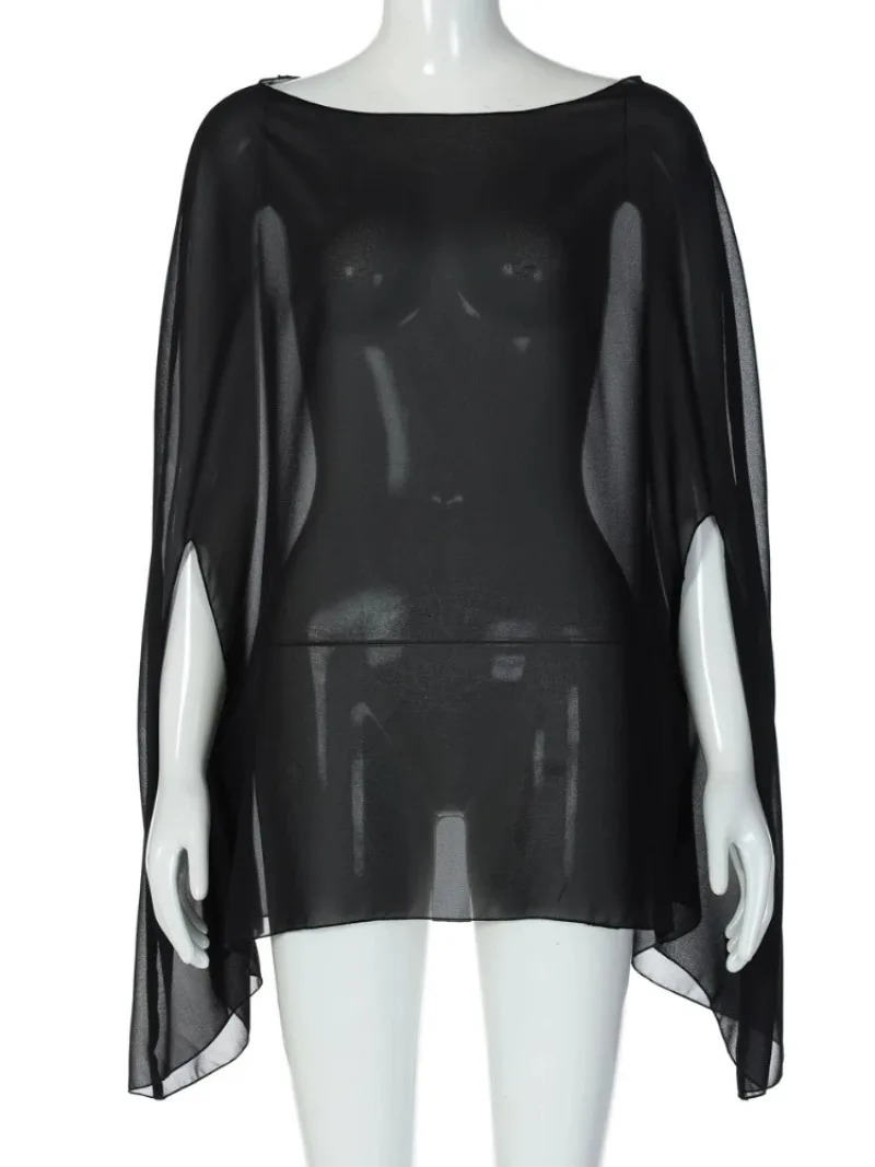 Woman Clothes See-through Chiffon Blouses Sexy Fashion Solid Cover-ups Ladies Elegant Night Club Tops White Black Streetwear 260310