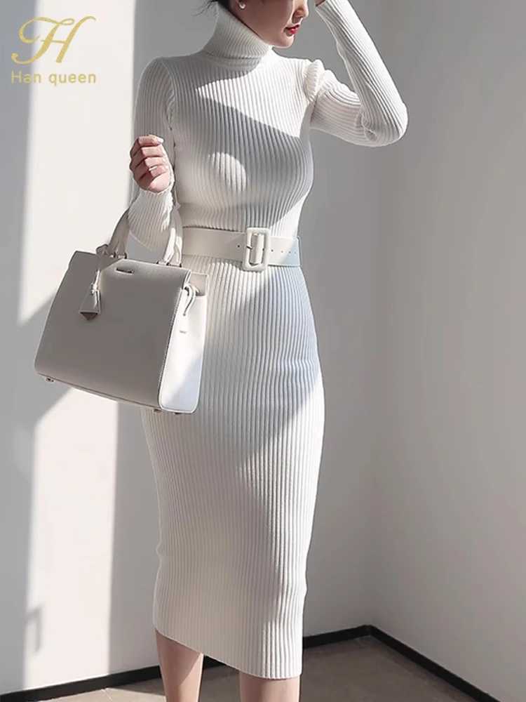 H Han Queen Knitted Turtleneck Sweater Bodycon Dress Bottoming Women Soft Elastic Autumn Winter Midi Party Dresses With Belt M260311