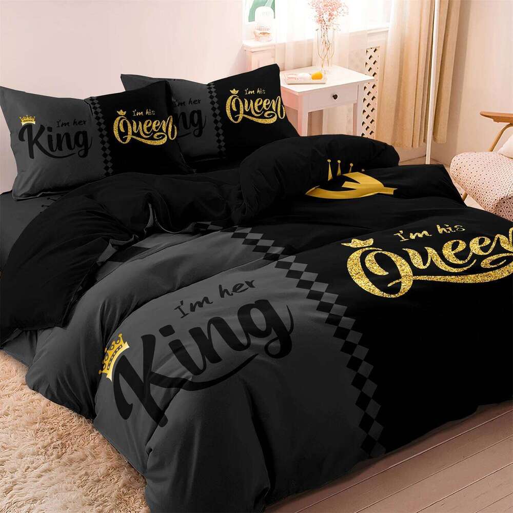 3pcs Fashionable Black Gray Queen & King Crown Printed Bedding Set Duvet Cover Soft Comfortable And Breathable, Bedroom, Hotel H260311
