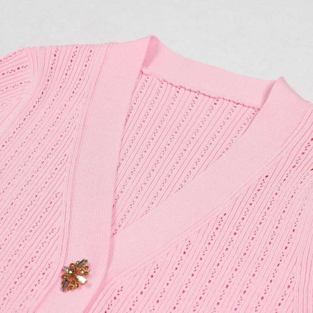 Five Color High Version New Diamond Button Versatile Short Sleeved Knitted Top Cardigan Fish Tail Slim Half Skirt Set