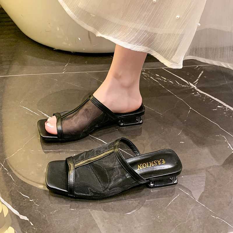 High Heels Women Slippers Square Toe Sandals Summer 2025 New Mesh Slingback Shoes Dress Party Pumps Woman Slides Zapatillas K260311