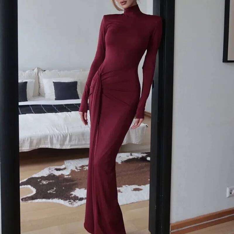 Elegant Turtleneck Solid Color Waist Cinching Women's Spring Autumn New Fashion Long Sleeved Slim Fit Evening Dress Z260311