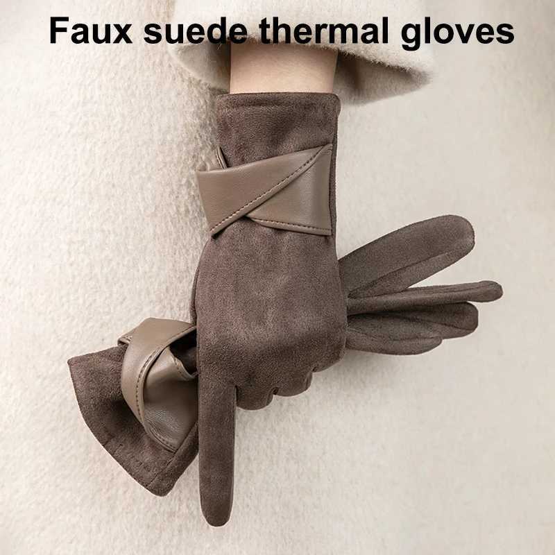 1Piar Warm Gloves With Velvet Suitable For Women To Use In Winter Touch Screen Elegant Bow Accessories Mountaineering Gloves M260311