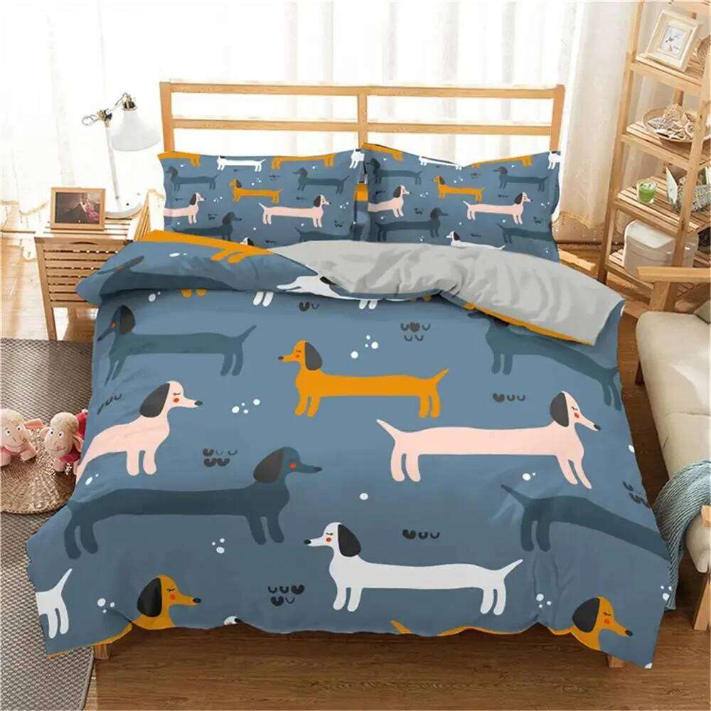 Cartoon Dachshund Bedding Cute Sausage Dog Duvet Set Pet Puppy Printed Comforter Animal Polyester Quilt Cover H260311