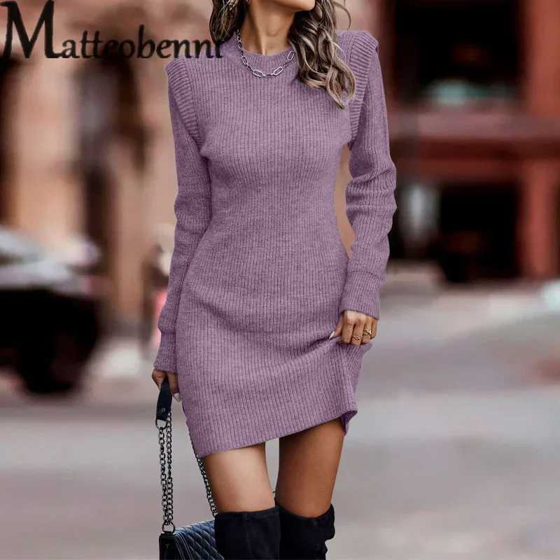 Women Solid Color Knitted Wrap Hip Dress Autumn Winter Crew Neck Pullover Long Sleeve Dressy Female Knitwear Slim Fit Short Gown M260311