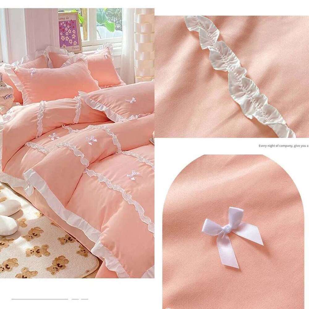 Kawaii Korean Bedding Sets No Filling Ins Princess Style Lace Bow Duvet Cover Fitted Sheet Girl Woman Home Bedroom Bed Linens H260311