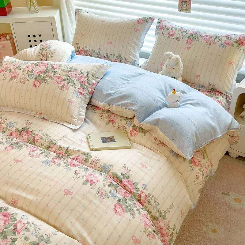 Elegant Floral Cotton Duvet Cover Set Watercolor Flowers Striped Pattern Comforter Covers 3 Pieces Soft Breathable Bedding Sets H260311