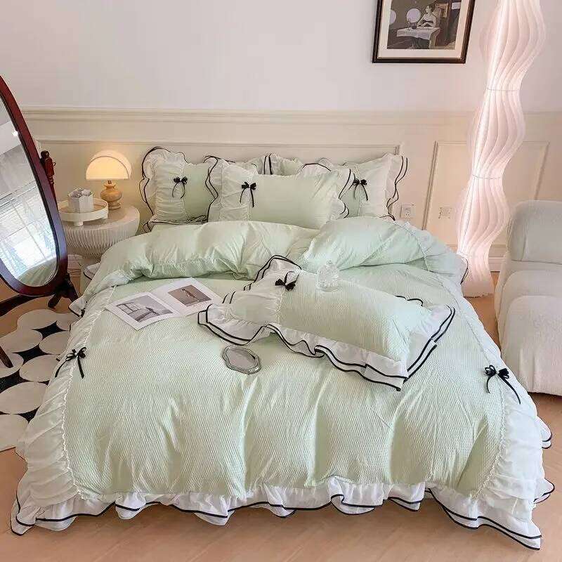 Korean Princess White Bedding For Women Double Ruffle Lace Duvet Cover Full Queen Solid Color Comfortable Falt Bed Sheet Set H260311