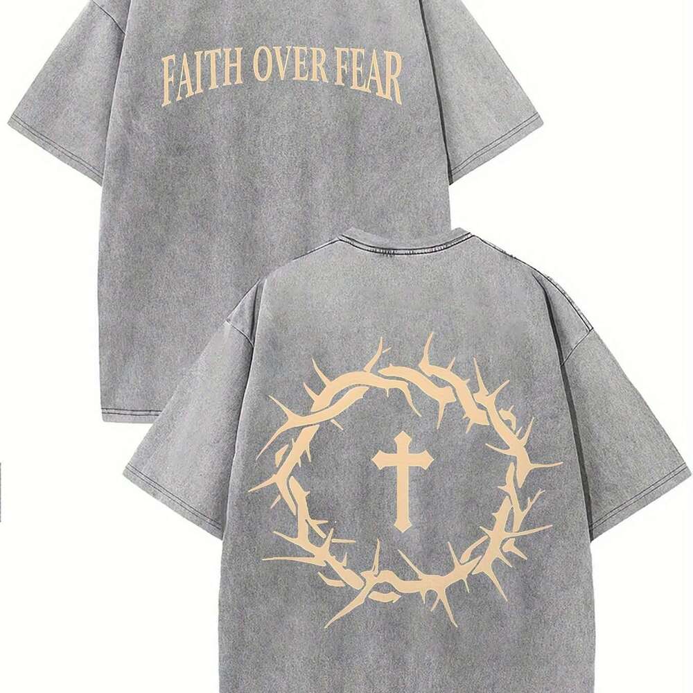 Washed Vintage Cotton T-Shirt Crown of Thorns &Cross Print Faith Over Fear Slogan Trendy Men's American Street Over sized Short Sleeve