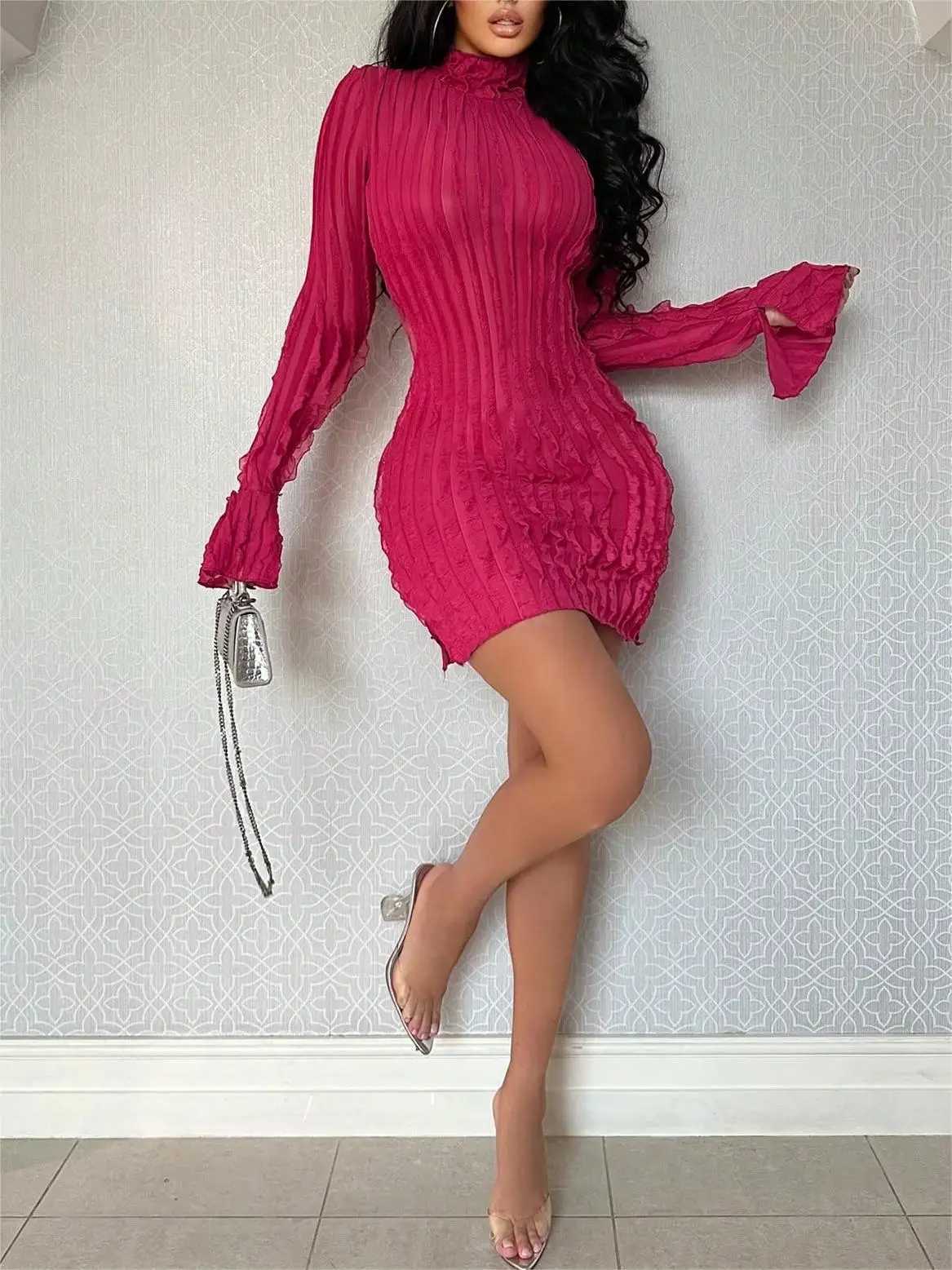 Spring/summer 2024 new style open slit bell-sleeve high collar pure color temperament elegant dress slim sexy hip skirt M260311