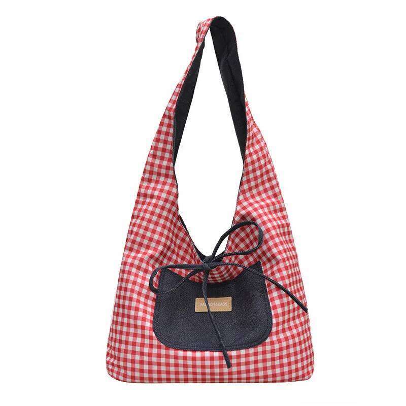 Double Sided Nylon Women's Shoulder Bags Large Capacity Plaid Ladies Tote Underarm Bag Threaded Simple Bow Casual Female Handbag XJ260311