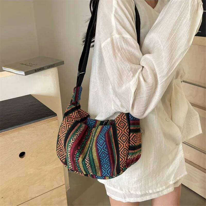 Multicolor Ethnic Style Fashionable Canvas Crossbody Bag, Versatile Dumpling Single Shoulder Bags for Women Daily Collocation XJ260311