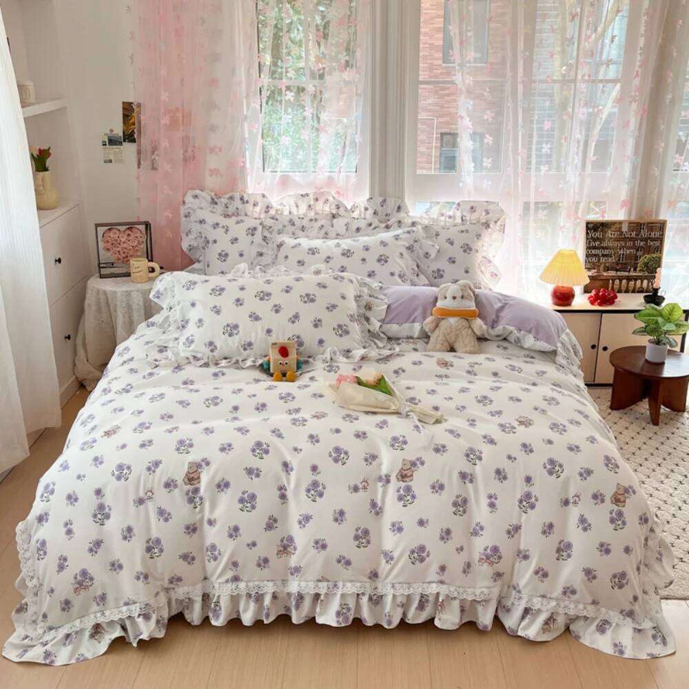 Korean Pure Cotton Bedding Princess Style Four Piece Set Student Dormitory Quilt Cover Bed Sheet Bedroom Decor Home Textiles H260311